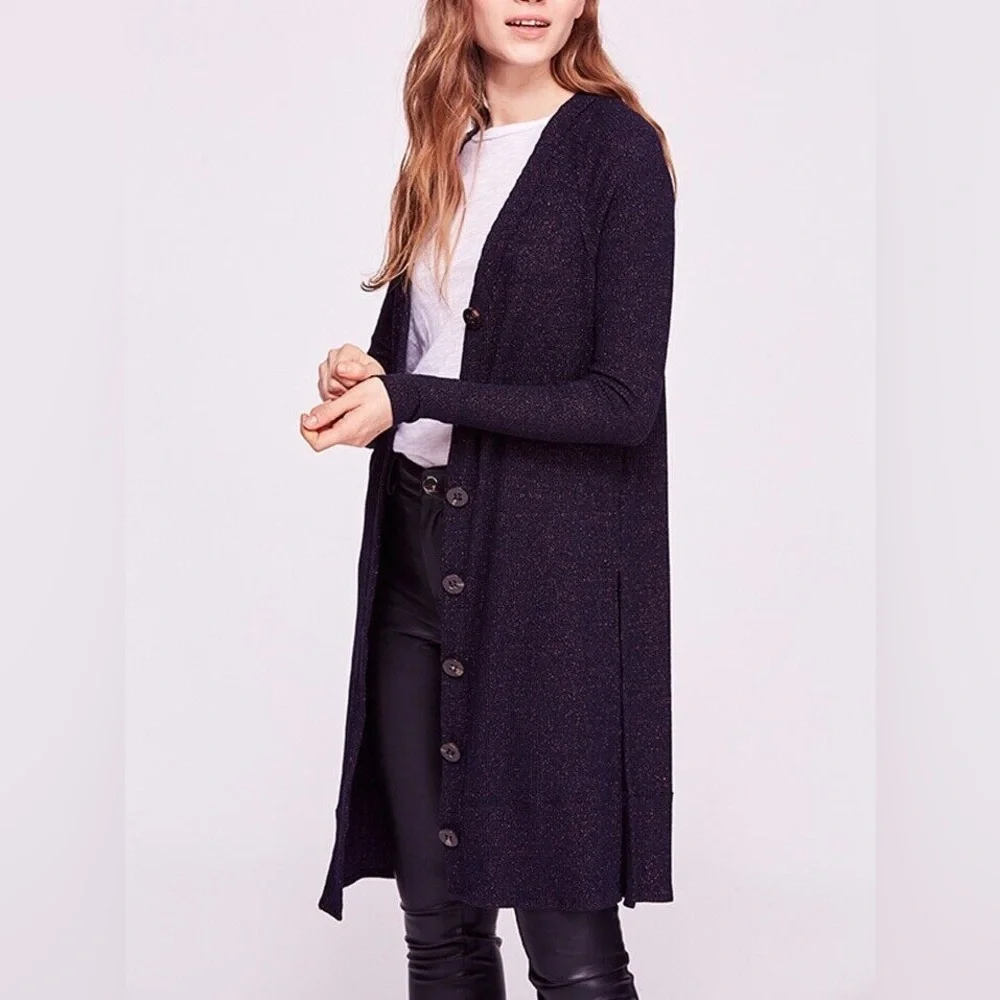 FREE PEOPLE WE THE FREE Navy Ribbed Rose Gold Metallic Cardigan Size Medium